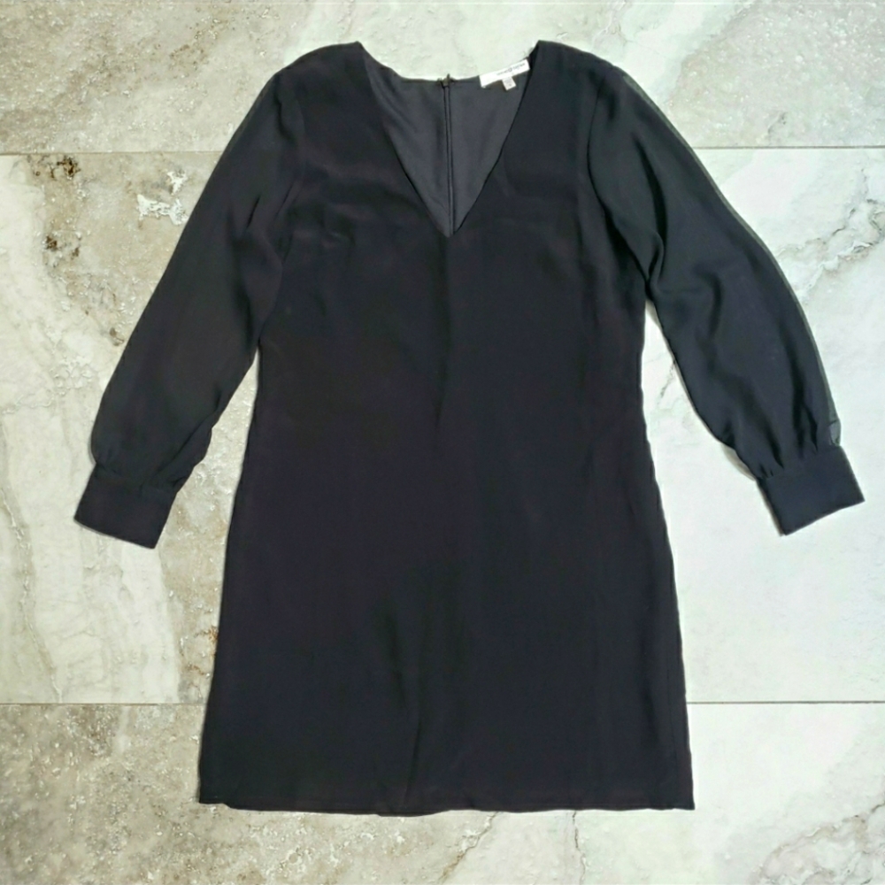 Lavender Brown Short Black Dress V-Neck Cuffed Chiffon Sleeve